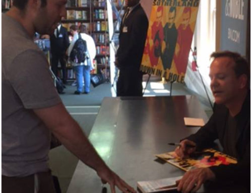 Handing a copy of my book to 24 star Kiefer Sutherland.
